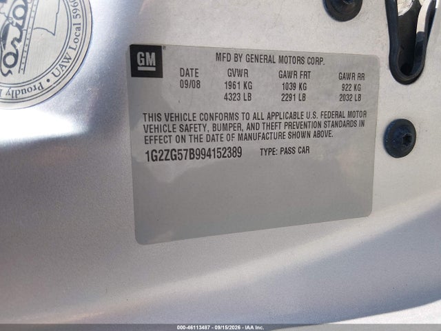 Auction sale of the 2009 Pontiac G6, vin: 1G2ZG57B994152389, lot number: 46113487