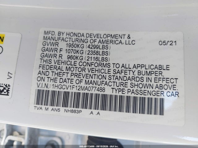 2021 Honda Accord Lx მანქანა იყიდება აუქციონზე, vin: 1HGCV1F12MA077488, აუქციონის ნომერი: 46113499