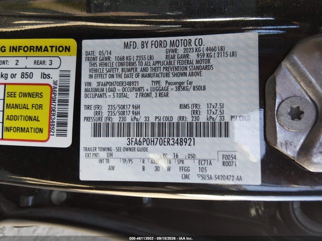 2014 Ford Fusion Se მანქანა იყიდება აუქციონზე, vin: 3FA6P0H70ER348921, აუქციონის ნომერი: 46113502