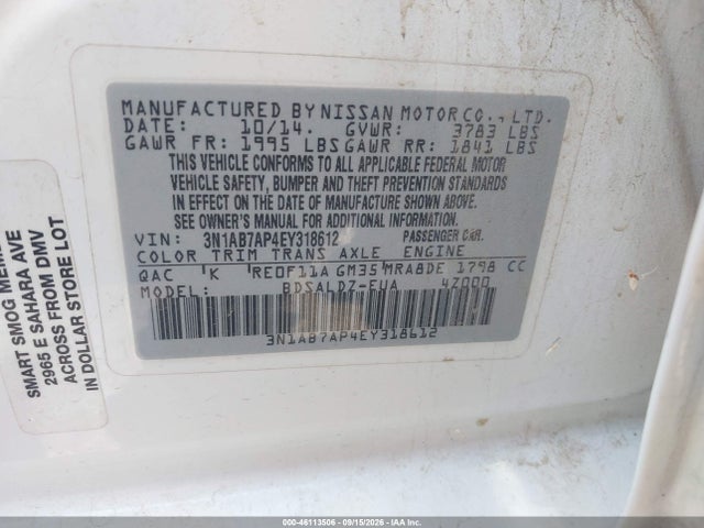 46113506 :رقم المزاد ، 3N1AB7AP4EY318612 vin ، 2014 Nissan Sentra Sv مزاد بيع
