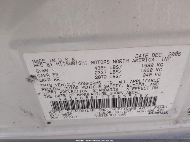 Продаж на аукціоні авто 2007 Mitsubishi Galant Es, vin: 4A3AB56F67E055392, номер лоту: 46113516