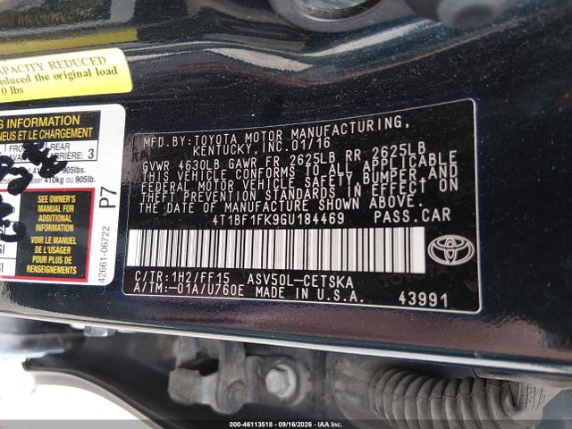 Aukcja sprzedaży 2016 Toyota Camry Se, vin: 4T1BF1FK9GU184469, numer aukcji: 46113518