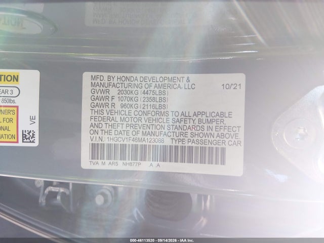 Aukcja sprzedaży 2021 Honda Accord Sport Special Edition, vin: 1HGCV1F46MA123088, numer aukcji: 46113520