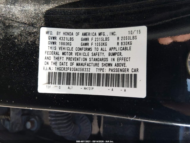 Aukcja sprzedaży 2016 Honda Accord Ex-l, vin: 1HGCR2F93GA056332, numer aukcji: 46113521