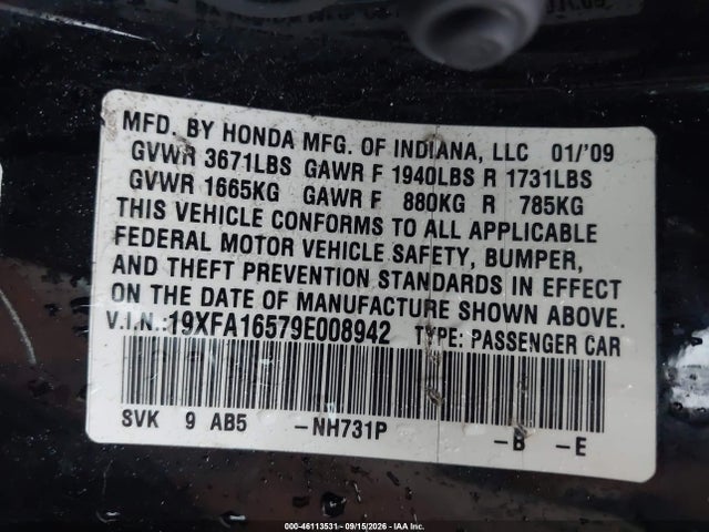 Продажа на аукционе авто 2009 Honda Civic Lx, vin: 19XFA16579E008942, номер лота: 46113531