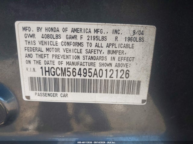 2005 Honda Accord 2.4 Lx მანქანა იყიდება აუქციონზე, vin: 1HGCM56495A012126, აუქციონის ნომერი: 46113536