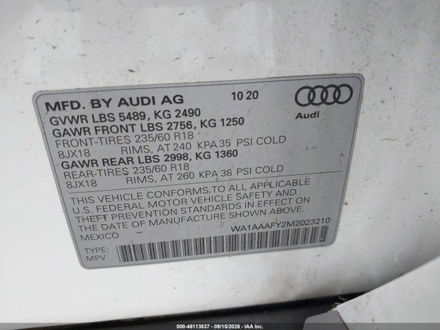 Продаж на аукціоні авто 2021 Audi Q5 Premium 45 Tfsi Quattro S Tronic, vin: WA1AAAFY2M2023210, номер лоту: 46113537