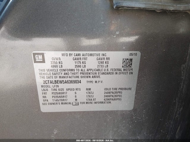 Aukcja sprzedaży 2010 Gmc Terrain Sle-1, vin: 2CTALBEW5A6369034, numer aukcji: 46113538