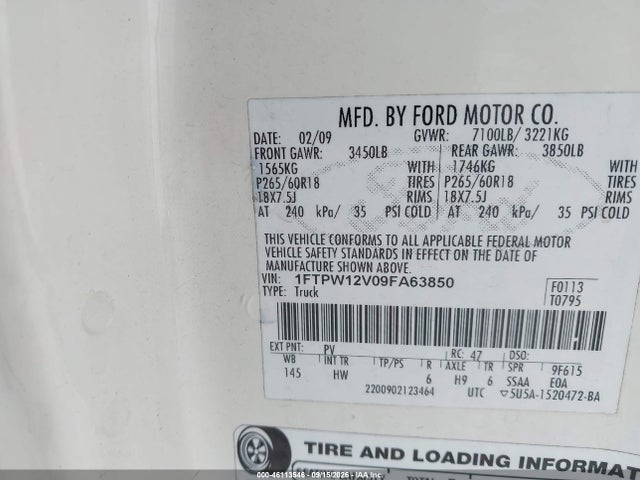 2009 Ford F-150 King Ranch/lariat/platinum/xl/xlt მანქანა იყიდება აუქციონზე, vin: 1FTPW12V09FA63850, აუქციონის ნომერი: 46113546