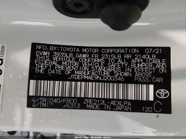 46113549 :رقم المزاد ، JTDEPMAE9NJ200346 vin ، 2022 Toyota Corolla Le مزاد بيع