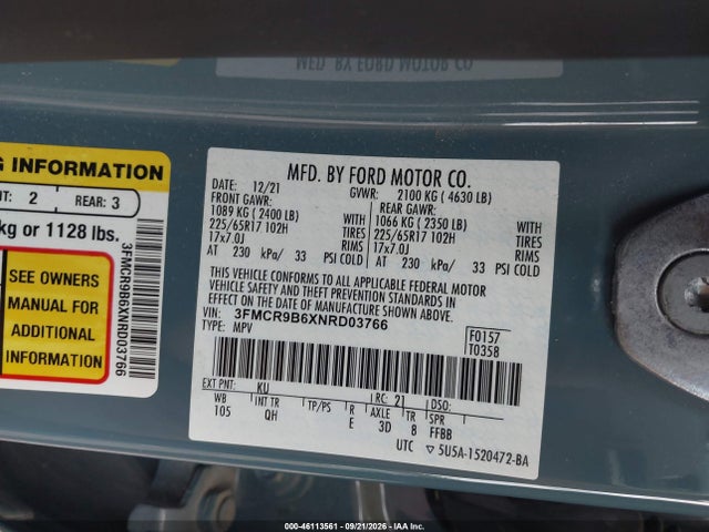 46113561 :رقم المزاد ، 3FMCR9B6XNRD03766 vin ، 2022 Ford Bronco Sport Big Bend مزاد بيع