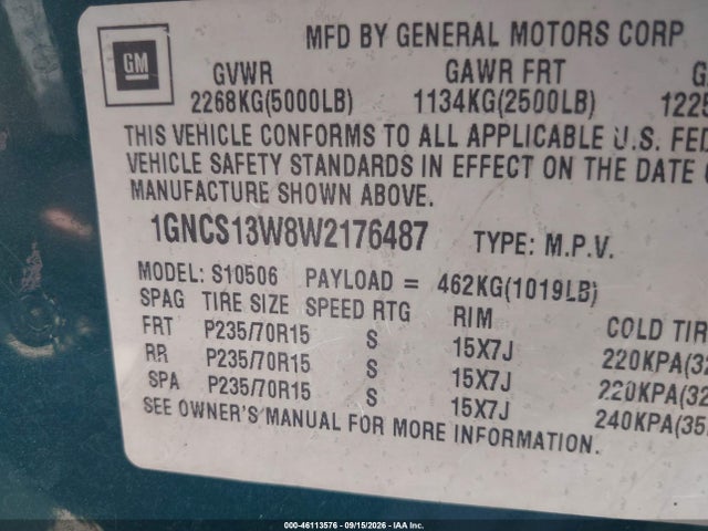 46113576 :رقم المزاد ، 1GNCS13W8W2176487 vin ، 1998 Chevrolet Blazer Lt مزاد بيع