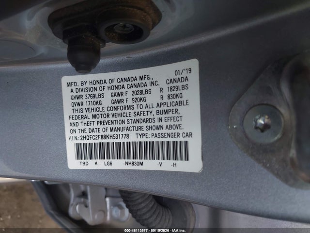 46113577 :رقم المزاد ، 2HGFC2F88KH531778 vin ، 2019 Honda Civic Sport مزاد بيع
