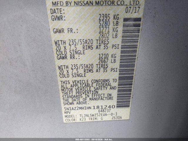46113593 :رقم المزاد ، 5N1AZ2MH1HN181240 vin ، 2017 Nissan Murano Platinum مزاد بيع