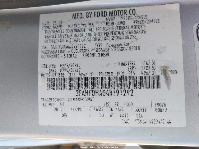 Продажа на аукционе авто 2010 Ford Fusion Se, vin: 3FAHP0HA0AR191292, номер лота: 46113601