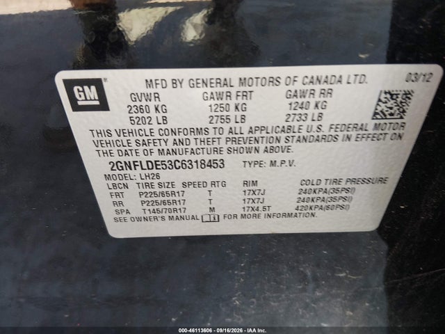 46113606 :رقم المزاد ، 2GNFLDE53C6318453 vin ، 2012 Chevrolet Equinox 1lt مزاد بيع