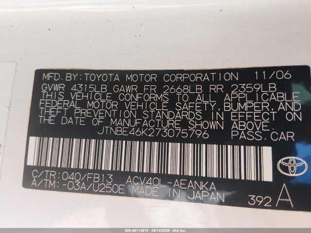Продаж на аукціоні авто 2007 Toyota Camry Le, vin: JTNBE46K273075796, номер лоту: 46113610