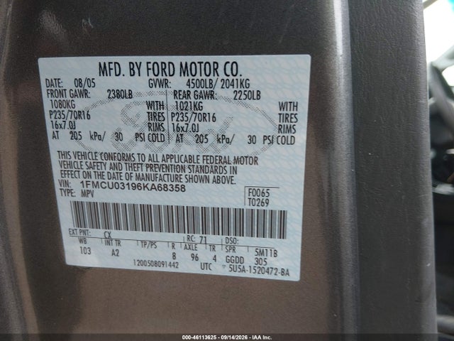 2006 Ford Escape Xlt/xlt Sport მანქანა იყიდება აუქციონზე, vin: 1FMCU03196KA68358, აუქციონის ნომერი: 46113625