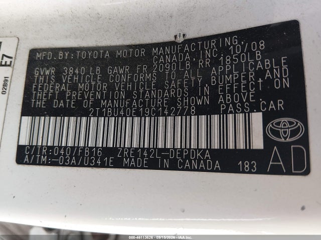 Продаж на аукціоні авто 2009 Toyota Corolla Le, vin: 2T1BU40E19C142778, номер лоту: 46113626
