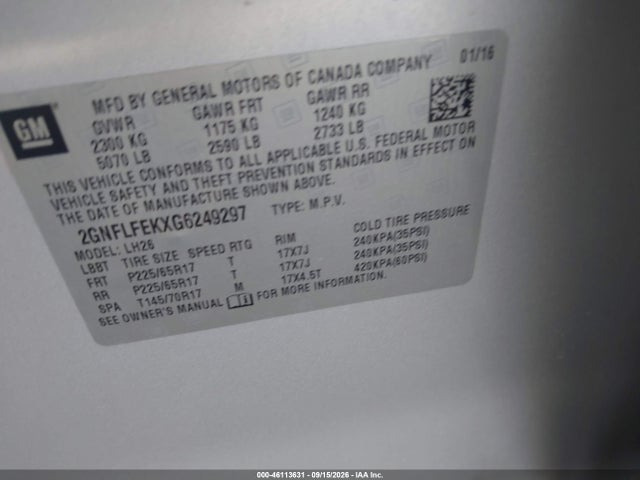 46113631 :رقم المزاد ، 2GNFLFEKXG6249297 vin ، 2016 Chevrolet Equinox Lt مزاد بيع