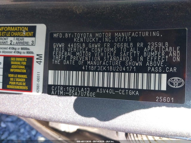 46113636 :رقم المزاد ، 4T1BF3EK1BU204171 vin ، 2011 Toyota Camry Xle مزاد بيع