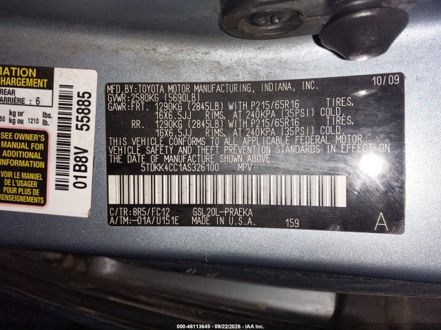 Продаж на аукціоні авто 2010 Toyota Sienna Le, vin: 5TDKK4CC1AS326100, номер лоту: 46113649