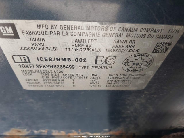Aukcja sprzedaży 2017 Gmc Terrain Sle-1, vin: 2GKFLSEK8H6235499, numer aukcji: 46113658