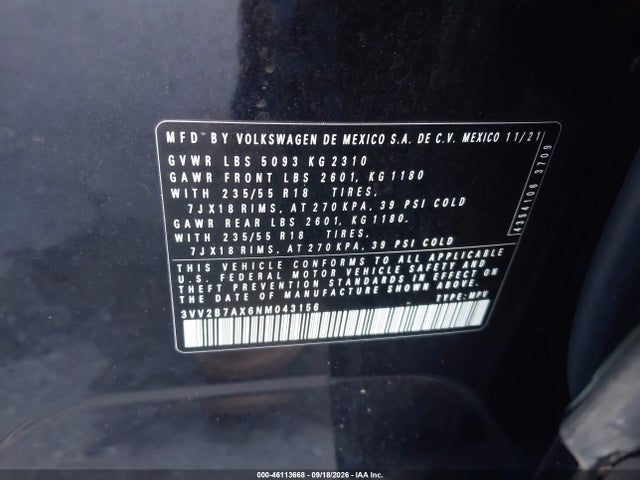 Aukcja sprzedaży 2022 Volkswagen Tiguan 2.0t Se, vin: 3VV2B7AX6NM043156, numer aukcji: 46113668