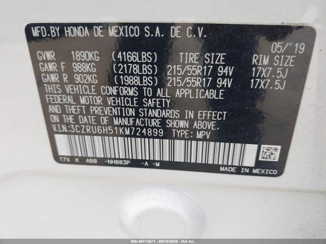 46113671 :رقم المزاد ، 3CZRU6H51KM724899 vin ، 2019 Honda Hr-v Ex مزاد بيع