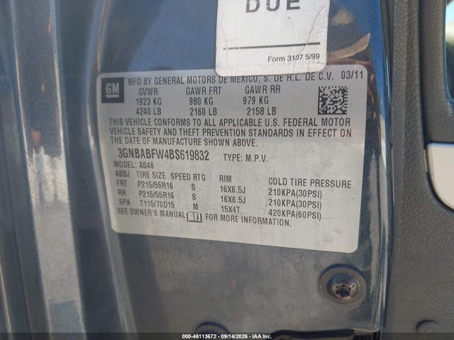 Aukcja sprzedaży 2011 Chevrolet Hhr Lt, vin: 3GNBABFW4BS619832, numer aukcji: 46113672