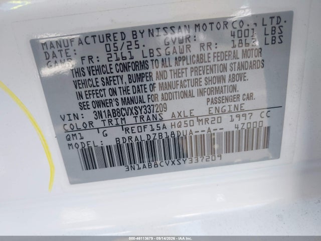 Продаж на аукціоні авто 2025 Nissan Sentra Sv, vin: 3N1AB8CVXSY337209, номер лоту: 46113679