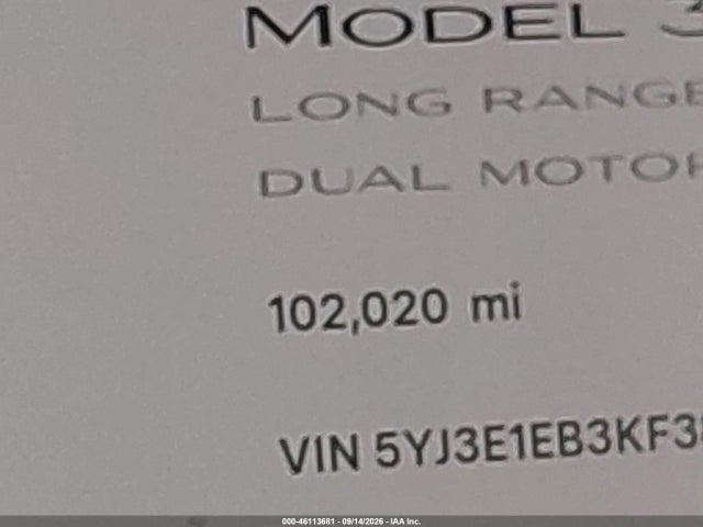46113681 :رقم المزاد ، 5YJ3E1EB3KF389610 vin ، 2019 Tesla Model 3 Long Range/performance مزاد بيع