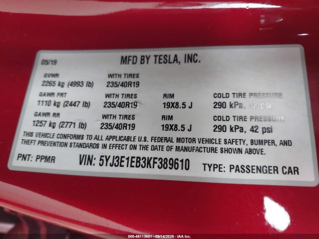 46113681 :رقم المزاد ، 5YJ3E1EB3KF389610 vin ، 2019 Tesla Model 3 Long Range/performance مزاد بيع