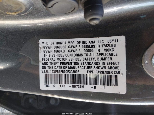 Aukcja sprzedaży 2012 Honda Civic Lx, vin: 19XFB2F57CE303002, numer aukcji: 46113693