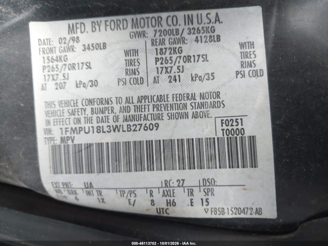 46113702 :رقم المزاد ، 1FMPU18L3WLB27609 vin ، 1998 Ford Expedition Eddie Bauer/xlt مزاد بيع