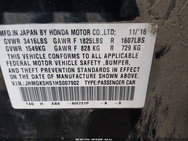 46113703 :رقم المزاد ، JHMGK5H51HS007902 vin ، 2017 Honda Fit Lx مزاد بيع