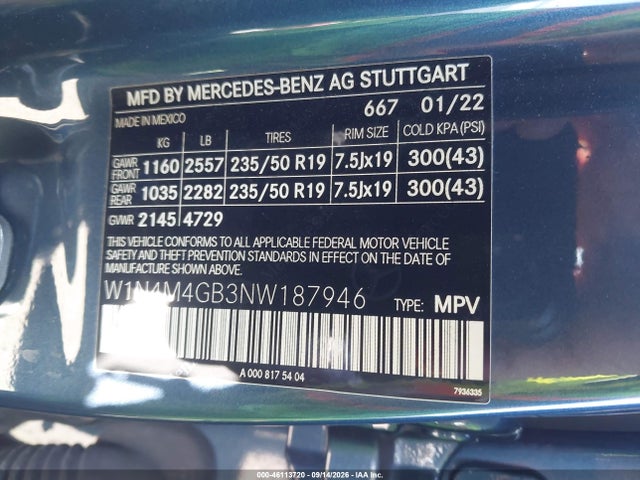 46113720 :رقم المزاد ، W1N4M4GB3NW187946 vin ، 2022 Mercedes-benz Glb 250 مزاد بيع