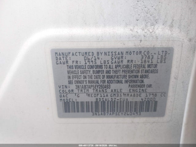 2014 Nissan Sentra Fe+ S/fe+ Sv/s/sl/sr/sv მანქანა იყიდება აუქციონზე, vin: 3N1AB7AP5EY260493, აუქციონის ნომერი: 46113728