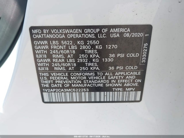 Продаж на аукціоні авто 2021 Volkswagen Atlas 2.0t S, vin: 1V2AP2CA3MC522253, номер лоту: 46113735