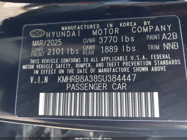 Aukcja sprzedaży 2025 Hyundai Venue Se, vin: KMHRB8A38SU384447, numer aukcji: 46113742