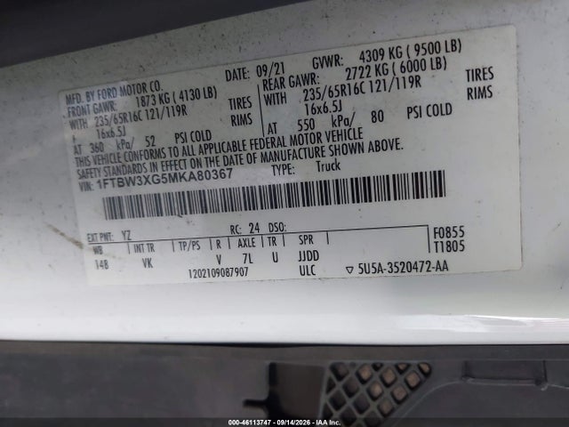 Aukcja sprzedaży 2021 Ford Transit-350 Cargo Van, vin: 1FTBW3XG5MKA80367, numer aukcji: 46113747