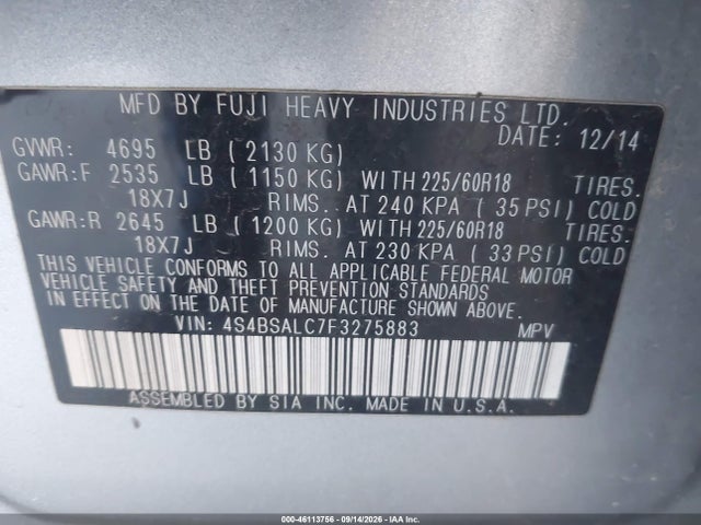 4S4BSALC7F3275883 Subaru Outback 2.5i Limited