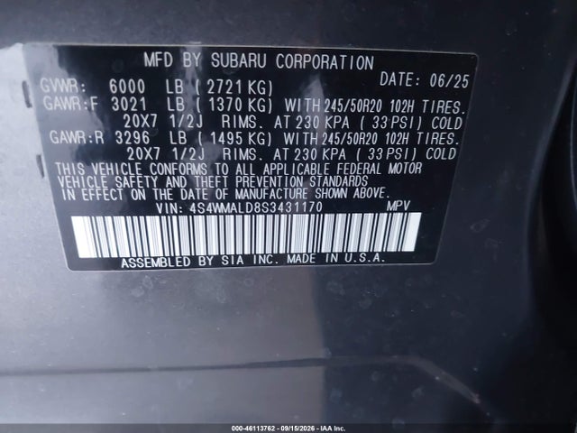 Продаж на аукціоні авто 2025 Subaru Ascent Limited 8-passenger, vin: 4S4WMALD8S3431170, номер лоту: 46113762