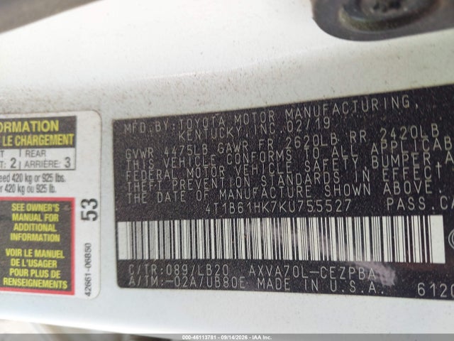 46113781 :رقم المزاد ، 4T1B61HK7KU755527 vin ، 2019 Toyota Camry Xse مزاد بيع