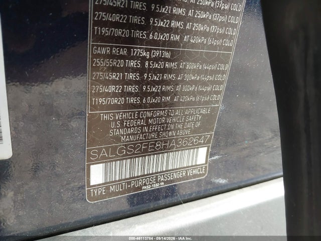 46113784 :رقم المزاد ، SALGS2FE8HA362647 vin ، 2017 Land Rover Range Rover 5.0l V8 Supercharged مزاد بيع