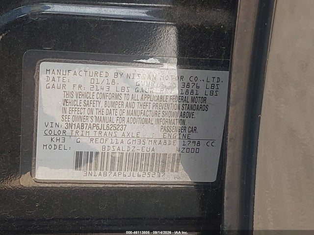 2018 Nissan Sentra Sv მანქანა იყიდება აუქციონზე, vin: 3N1AB7AP6JL625237, აუქციონის ნომერი: 46113805