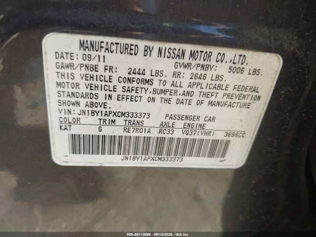 46113869 :رقم المزاد ، JN1BY1APXCM333373 vin ، 2012 Infiniti M37 مزاد بيع