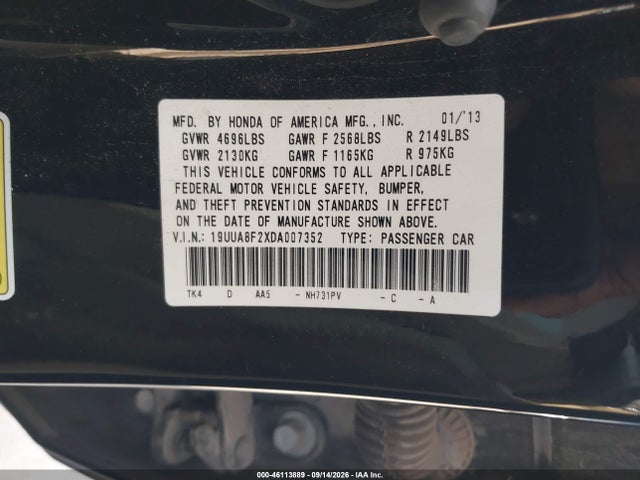 2013 Acura Tl 3.5 მანქანა იყიდება აუქციონზე, vin: 19UUA8F2XDA007352, აუქციონის ნომერი: 46113889