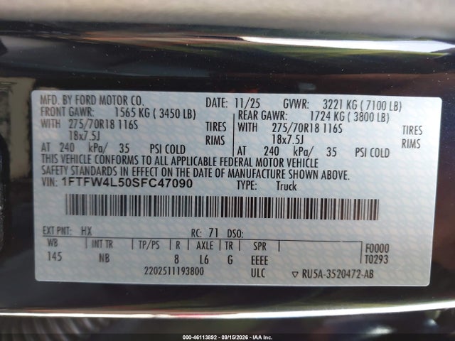 Продаж на аукціоні авто 2025 Ford F-150 Tremor, vin: 1FTFW4L50SFC47090, номер лоту: 46113892