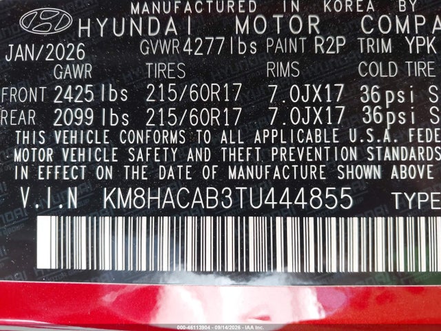 Aukcja sprzedaży 2026 Hyundai Kona Se, vin: KM8HACAB3TU444855, numer aukcji: 46113904